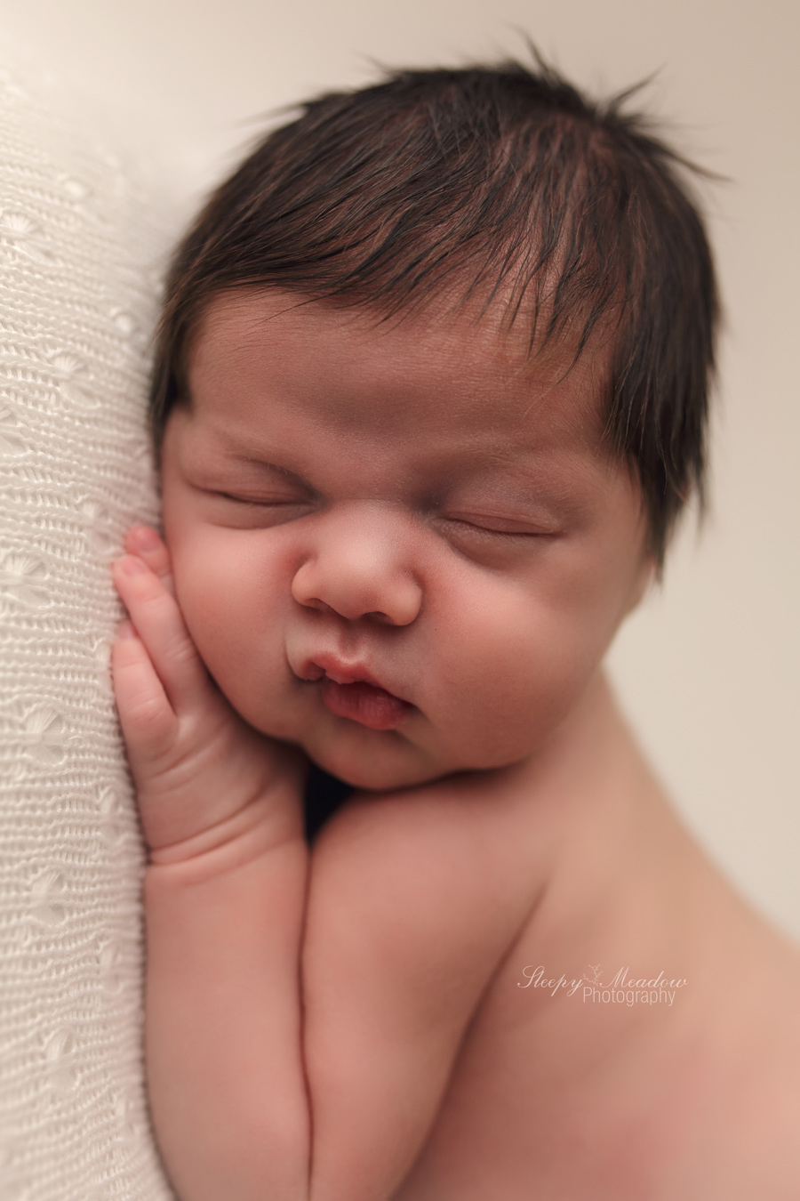 Baby photographed on a neutral backdrop for his newborn session by Sleepy Meadow Photography | Milwaukee Newborn Photographer