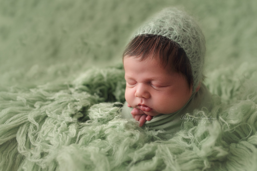 Newborn boy wearing bonnet photographed on green rug in potato sack pose by Sleepy Meadow Photography Milwaukee Newborn Photographer