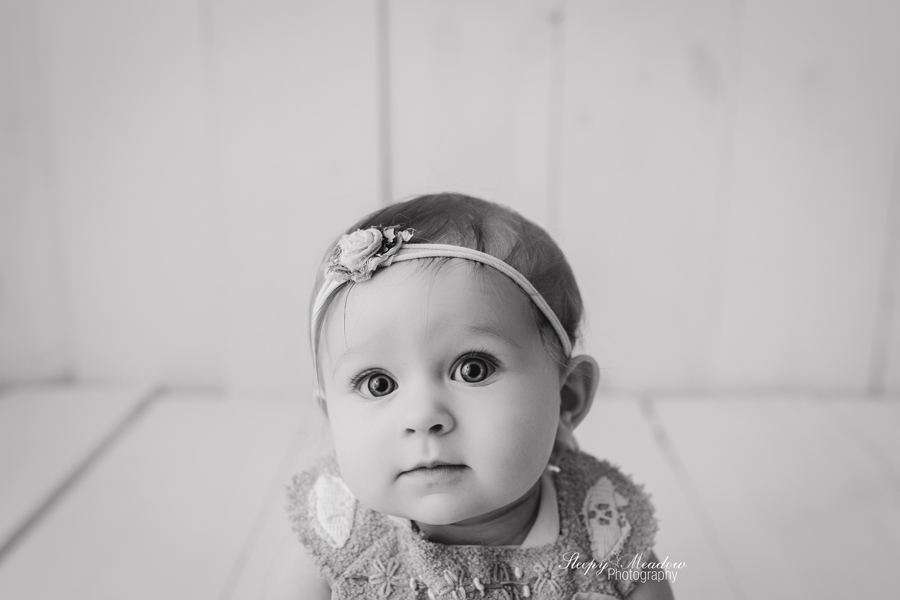 Black and white picture of waukesha baby girl at Sleepy Meadow Photography portrait studio.