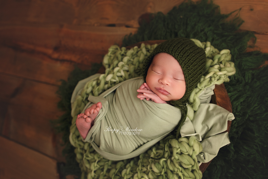 Newborn boy posed on textured green layers for his newborn photo shoot in Milwaukee, WI.