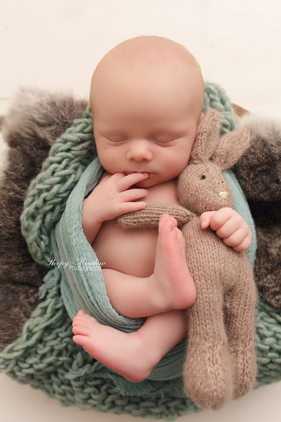 Baby boy poses with stuffed bunny for his newborn session by Sleepy Meadow Photography of Milwaukee
