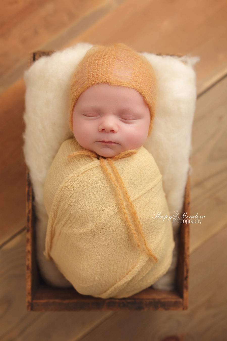 Baby sleeping in crate for newborn pictures in Milwaukee by Sleepy Meadow Photography