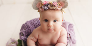 4 month old baby Annalee wearing mouse ear in vintage bucket | Milwaukee Newborn Photographer