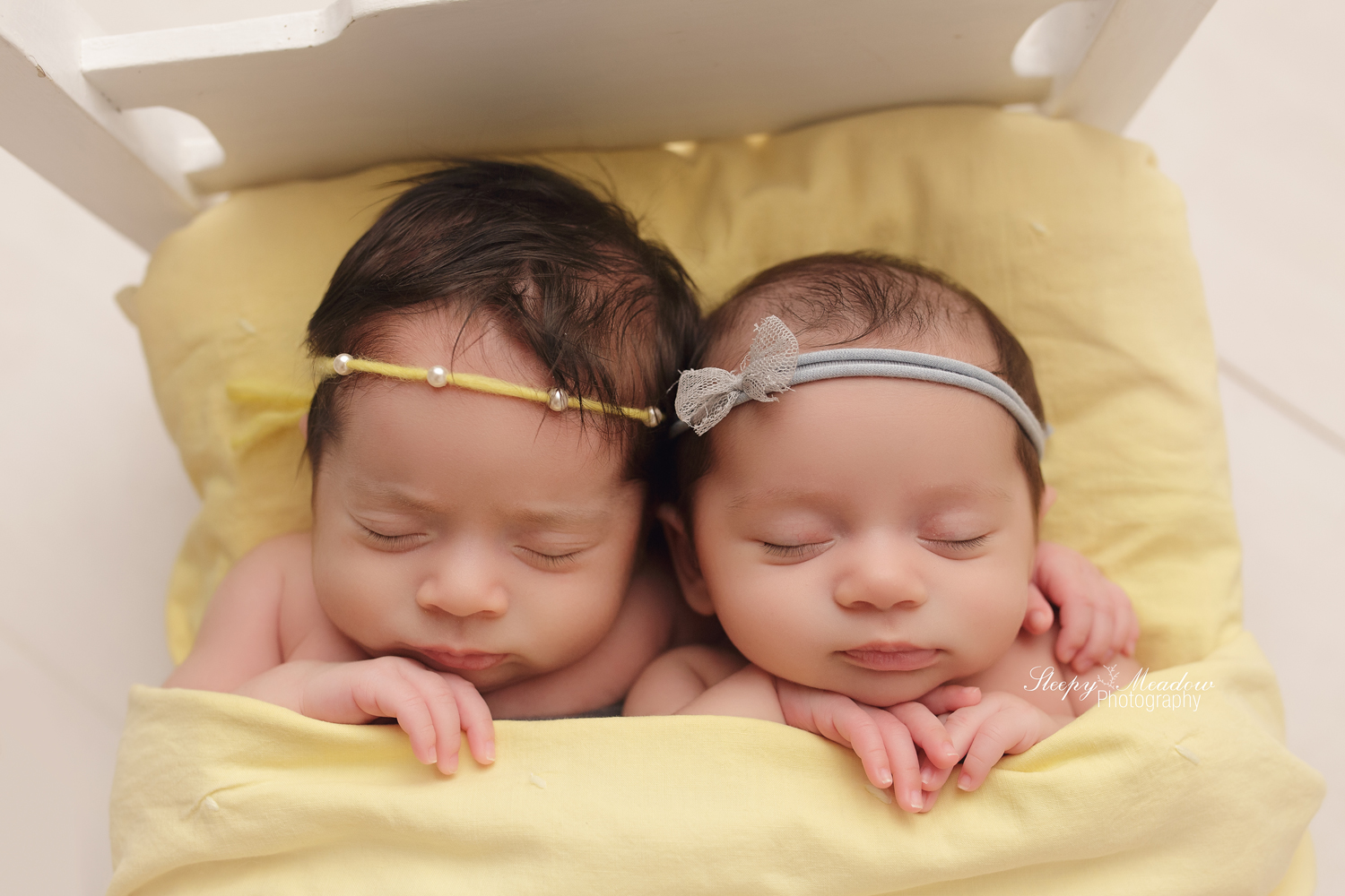 Adorable twin girls pose for their newborn session with Sleepy Meadow Photography of Milwaukee, WI.