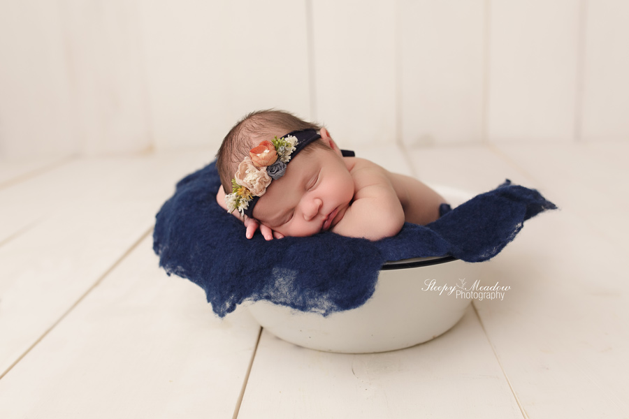 newborn girl on blue wool by Sleepy Meadow Photography of Milwaukee and Waukesha best newborn photographer near me
