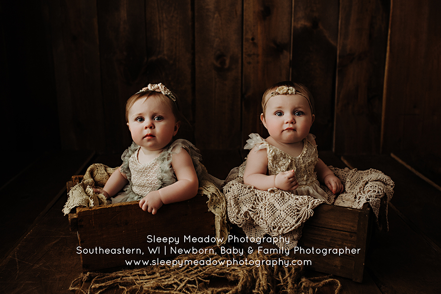 Twins, Violet & Rose, during their 8 month photo shoot with Sleepy Meadow Photography