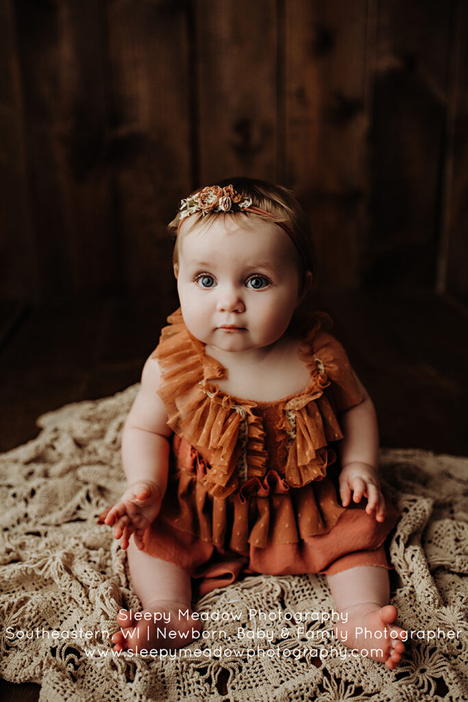 Adorable baby girl's 8 month old portrait session with Sleepy Meadow Photography