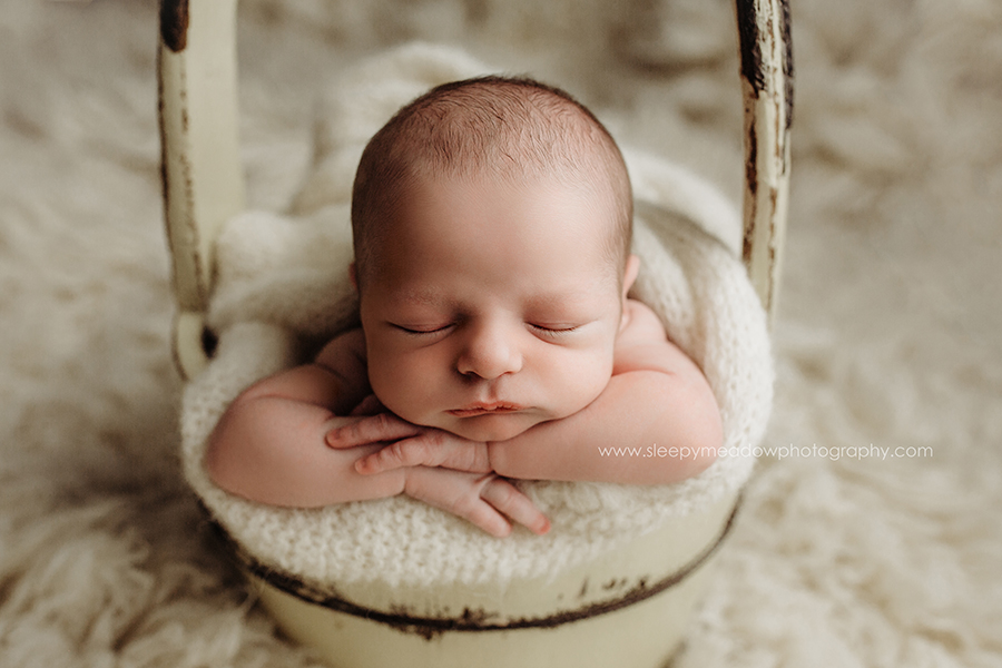 baby sleeping in a bucket during his newborn session